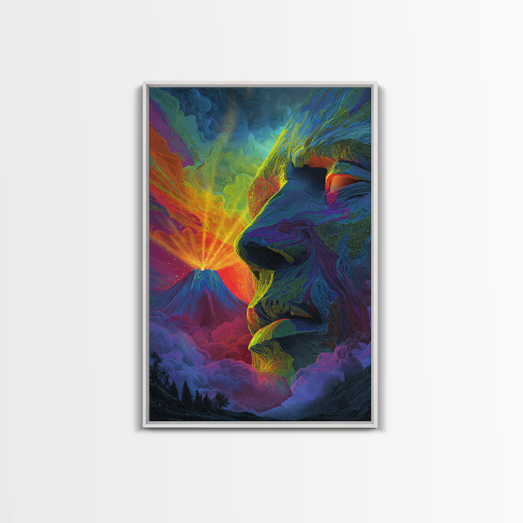 Volcanic Stone Face Dreamscape Wall Art, Surreal Mountain Landscape Print, Psychedelic Fantasy Decor, Statement Poster Gift