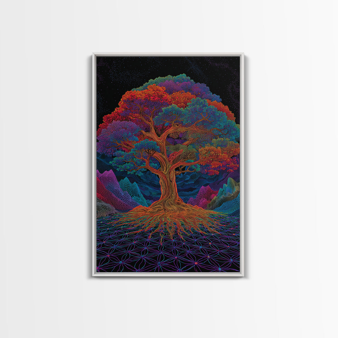 Vibrant Psychedelic Rainbow Tree With Abstract Roots Wall Art Canvas Print For Living Room And Boho Home Decor