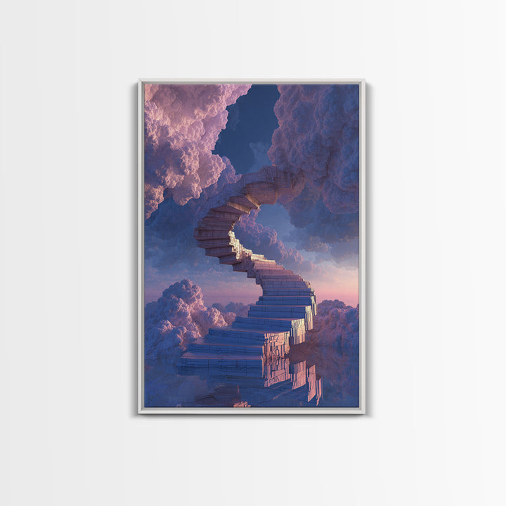 Stairway Through Pink Clouds Framed Canvas Print, Surreal Sky Wall Art, Dreamy Fantasy Decor, Ethereal Home Decor Gift Idea