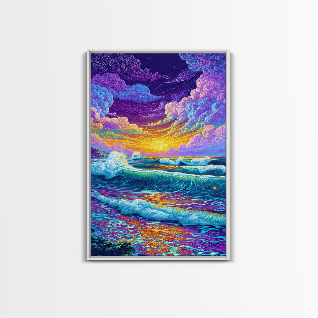 Colorful Ocean Waves Sunset Abstract Seascape Wall Art Canvas Print Bright Relaxing Living Room Decor Modern Coastal Art
