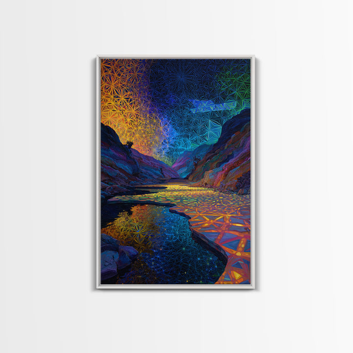 Sacred Geometry Canyon River Wall Art, Flower Of Life Landscape Print, Psychedelic Nature Decor, Meditation Room Wall Art
