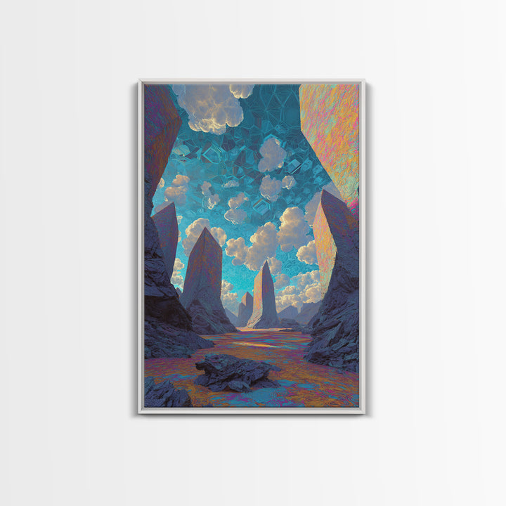 Surreal Crystal Canyon With Floating Clouds Framed Canvas Print, Futuristic Landscape Wall Art, Sci Fi Home Decor, Office Decor