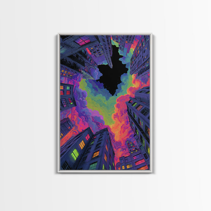 Neon City Skyscrapers Under Rainbow Clouds Wall Art, Urban Pop Art Print, Cyberpunk Decor, Modern Maximalist Living Room Wall Art