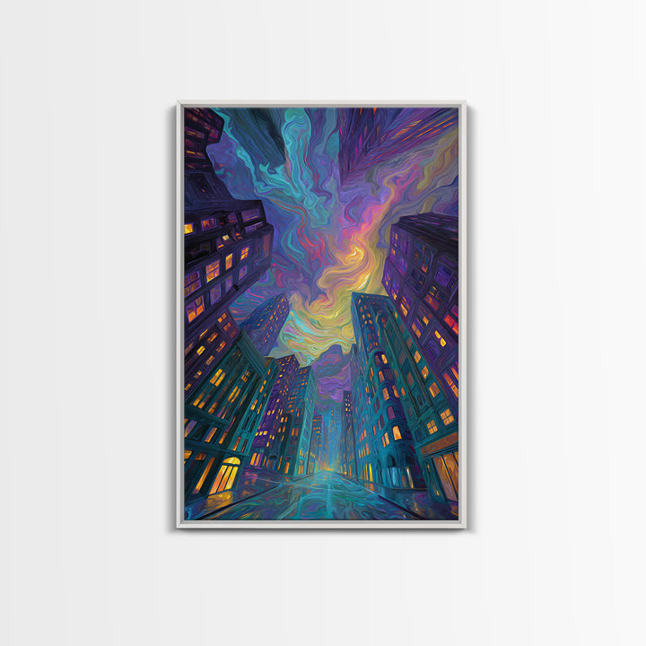 Swirling Neon City Skyline Framed Canvas Print, Psychedelic Urban Wall Art, Modern Apartment Decor, Colorful Living Room Gift