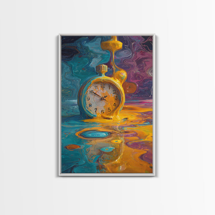 Melting Golden Alarm Clock Canvas Print, Surreal Wall Art, Colorful Abstract Painting, Whimsical Office Decor, Unique Gift