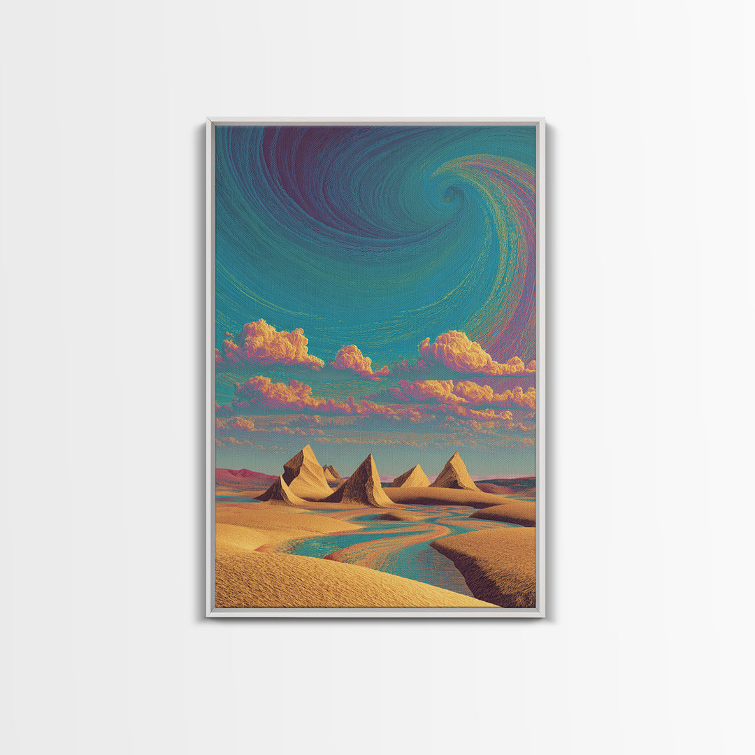 Surreal Desert Landscape With Pyramids And Swirling Sky Wall Art Modern Contemporary Canvas Print For Home Decor