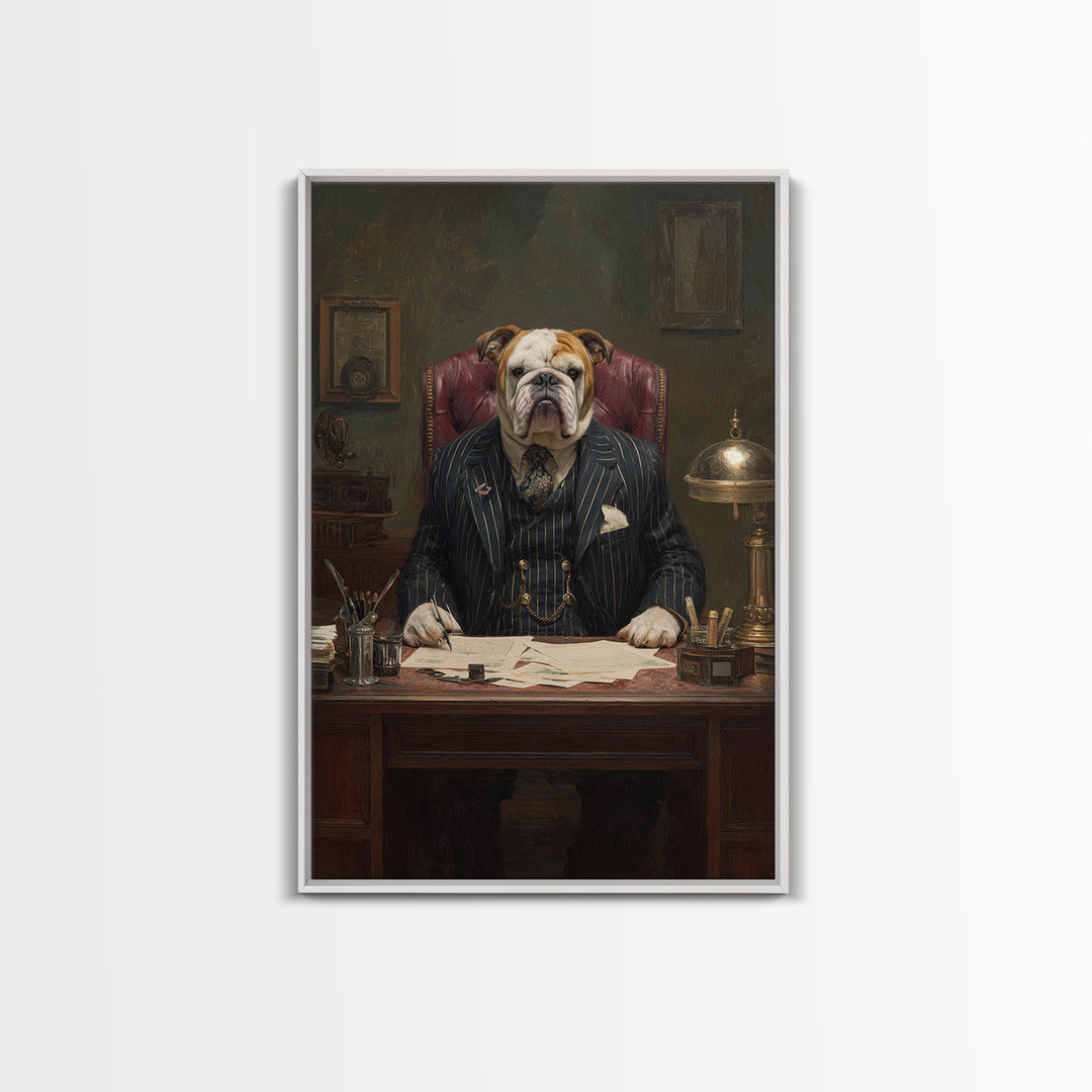 Bulldog Lawyer At Antique Desk Framed Canvas Print, Funny Dog Wall Art For Law Office Decor, Gentleman Pet Portrait Gift