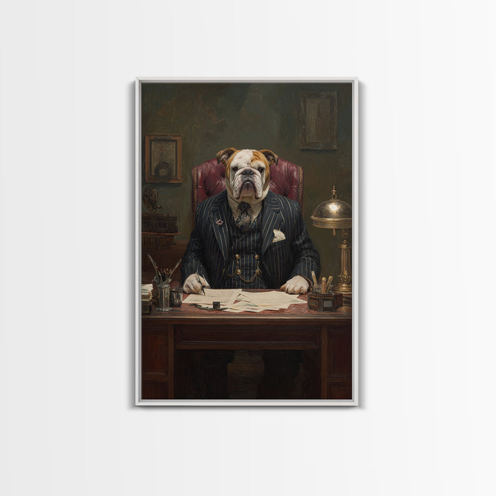 Bulldog Lawyer At Antique Desk Framed Canvas Print, Funny Dog Wall Art For Law Office Decor, Gentleman Pet Portrait Gift