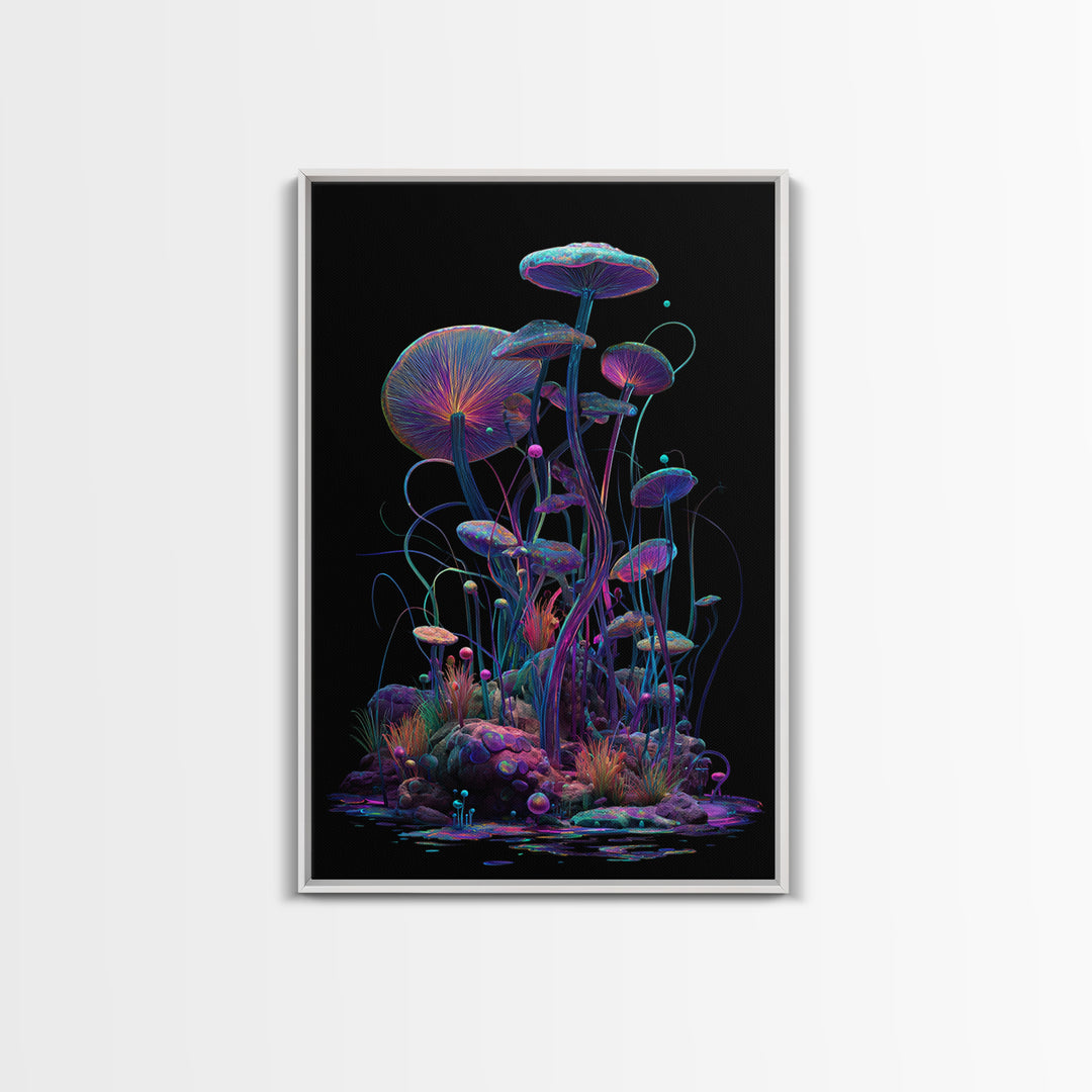 Bioluminescent Mushroom Garden On Black, Psychedelic Wall Art, Trippy Canvas Print, Gothic Decor, Unique Maximalist Gift
