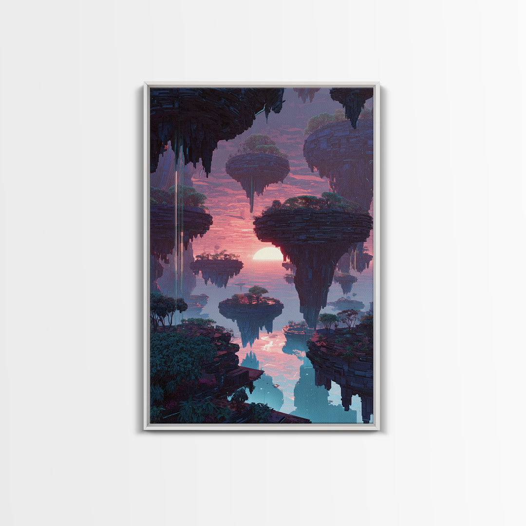 Futuristic Floating Islands With Lush Trees And Sunset Digital Fantasy Artwork Canvas Print Wall Art