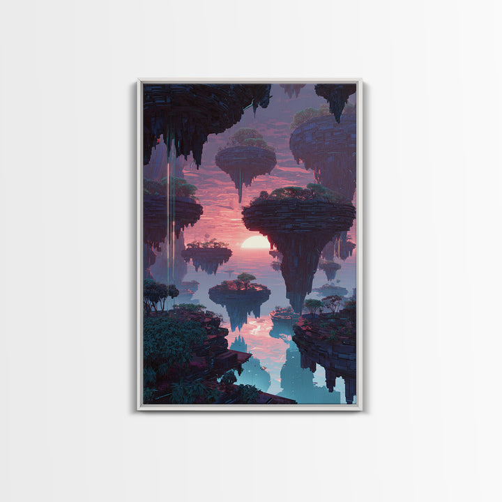 Futuristic Floating Islands With Lush Trees And Sunset Digital Fantasy Artwork Canvas Print Wall Art