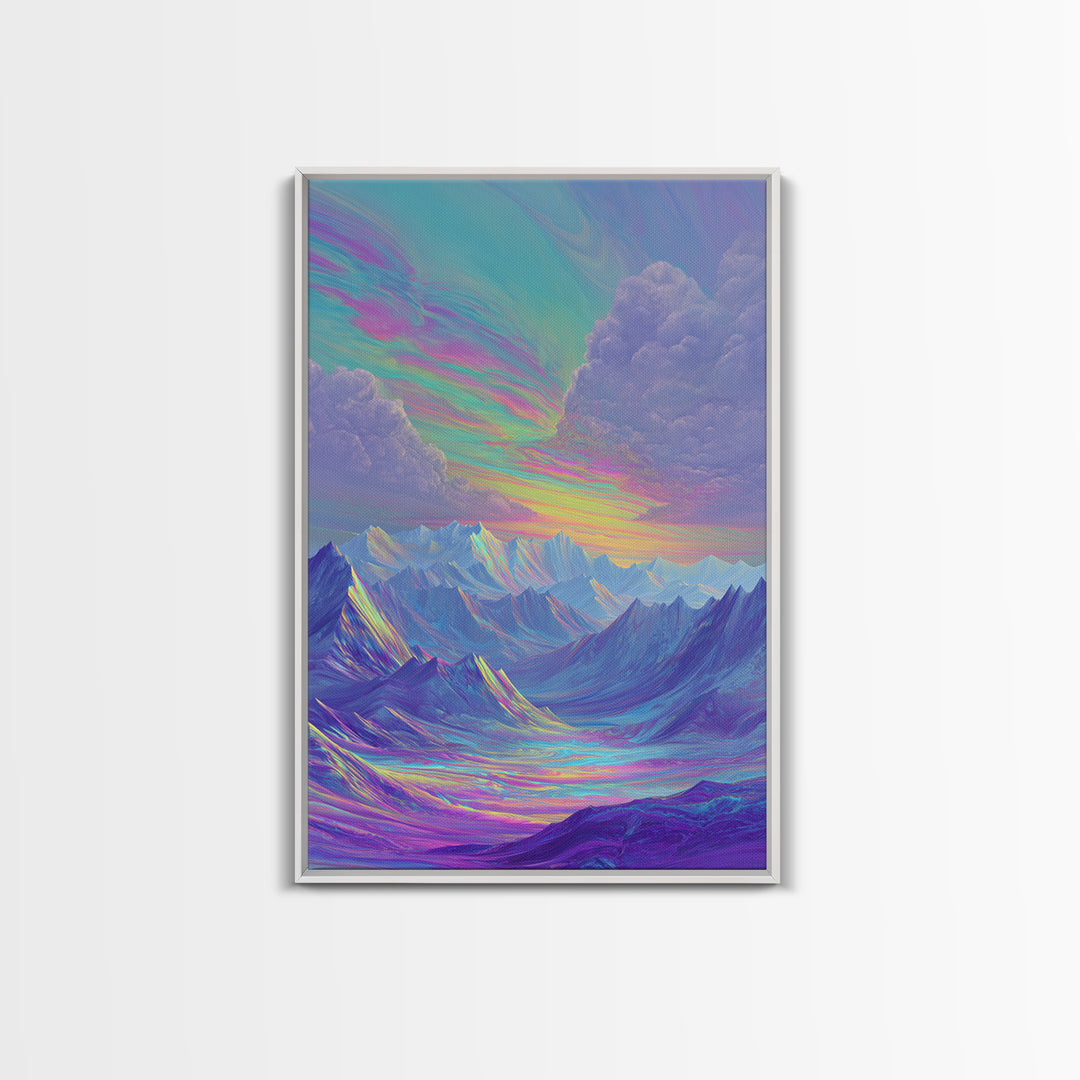 Iridescent Pastel Mountain Landscape Wall Art, Dreamy Alpine Canvas Print, Serene Calming Nature Decor, Above Bed Gift For Her