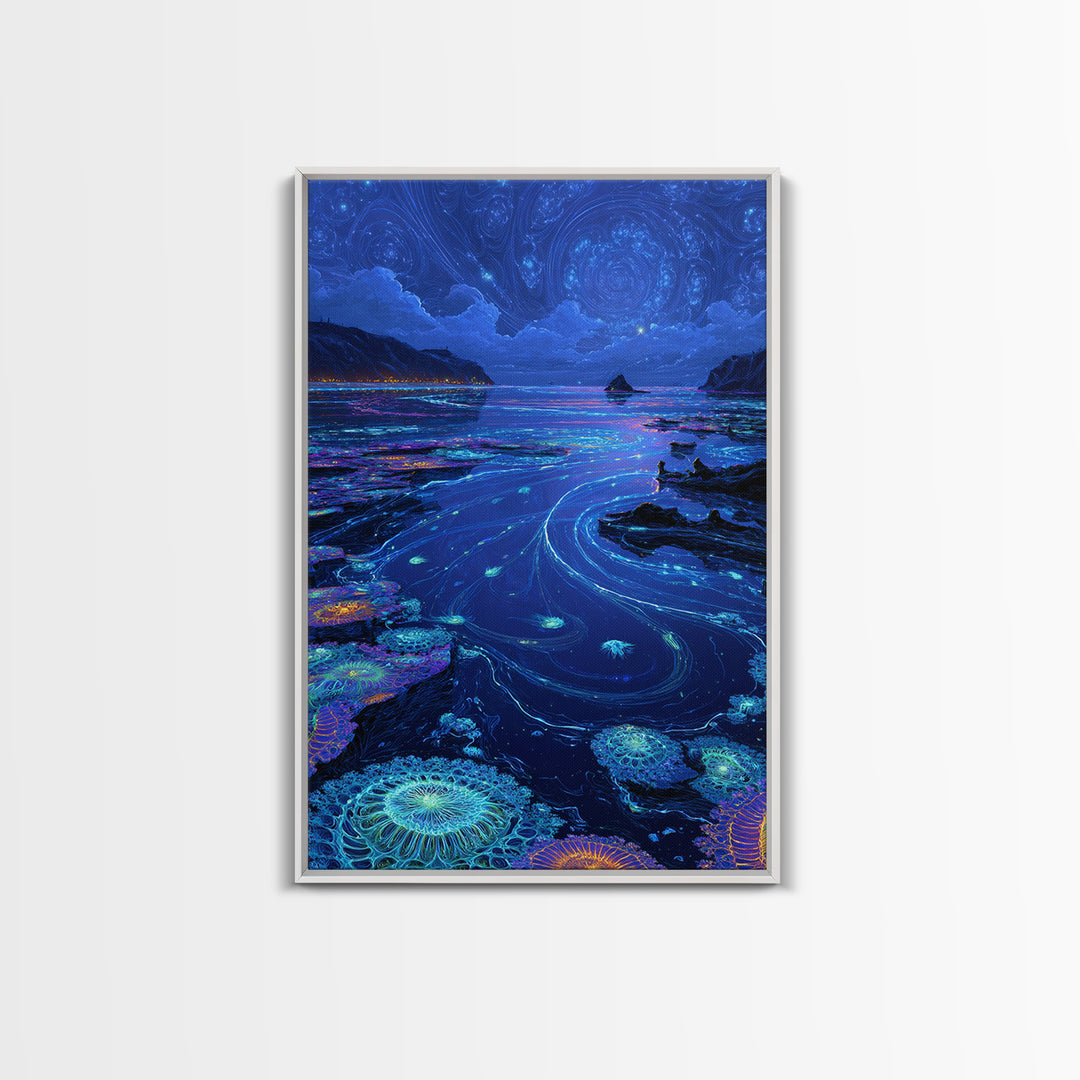 Bioluminescent Ocean Tide Pools Canvas Print, Blue Seascape Wall Art, Coastal Decor, Mystical Nature Art For Living Room