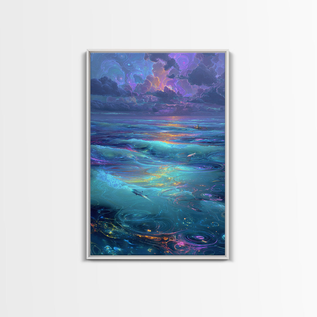 Fantasy Oceanic Scene With Sharks And Mystical Water Ripples Vibrant Colorful Wall Art Canvas Print