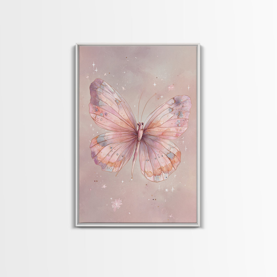 Pastel Pink Butterfly Watercolor Wall Art, Whimsical Butterfly Art Print, Nursery Decor, Feminine Bedroom Canvas Print Gift