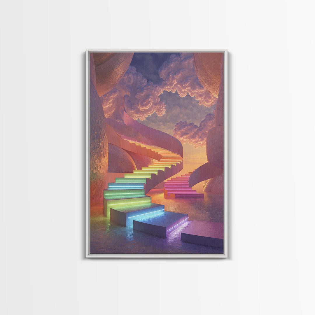 Dreamy Rainbow Stairway To Clouds Canvas Print, Surreal Pastel Fantasy Art, Celestial Wall Decor For Bedroom Home Decor Gift