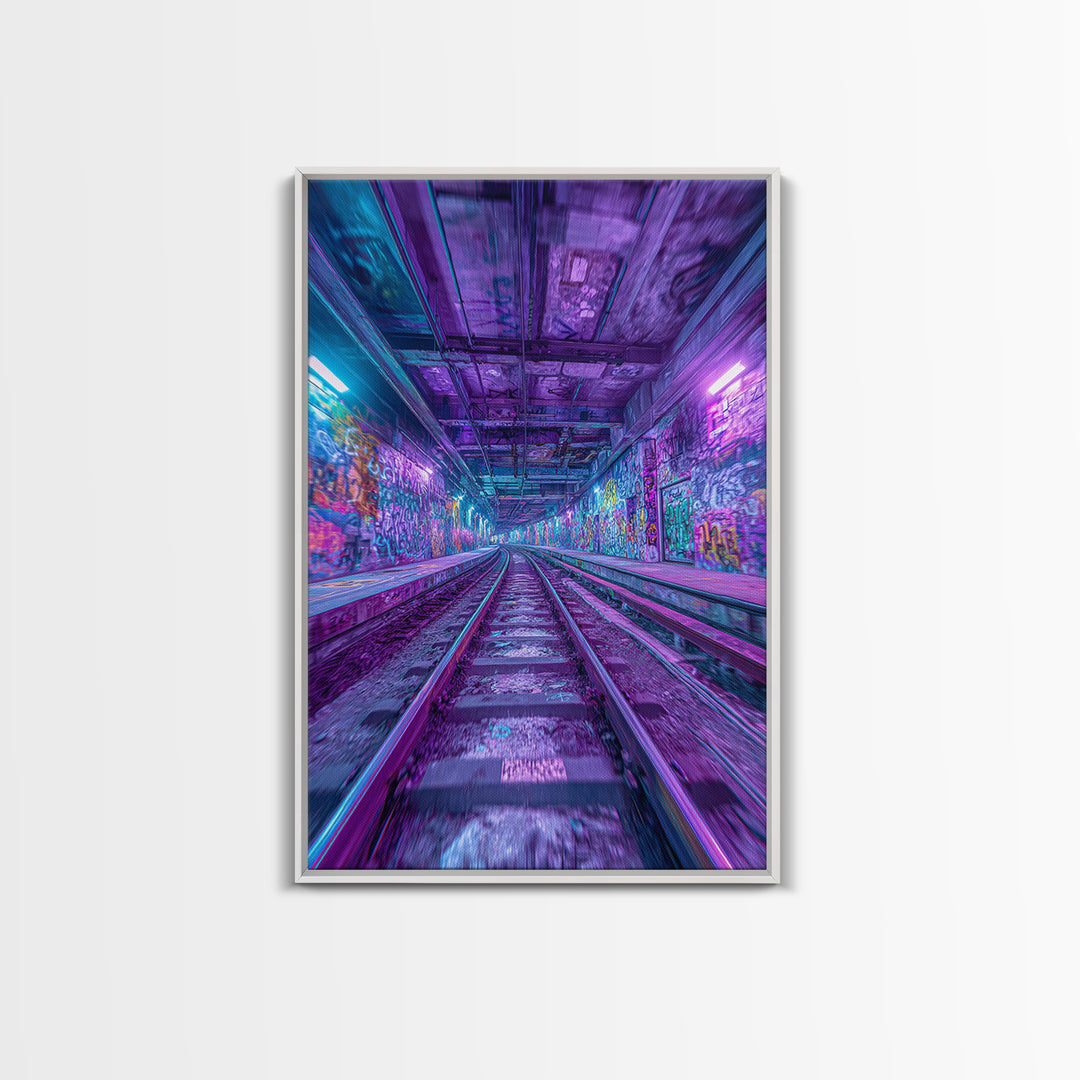 Neon Graffiti Subway Tunnel Wall Art, Cyberpunk City Canvas Print, Urban Street Decor, Apartment Gaming Room Gift For Him