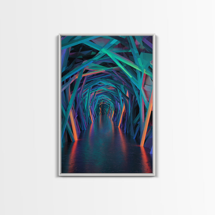 Neon Geometric Tunnel Wall Art, Futuristic Abstract Hallway Canvas, Cyberpunk Decor, Modern Office Statement Art Print Decor