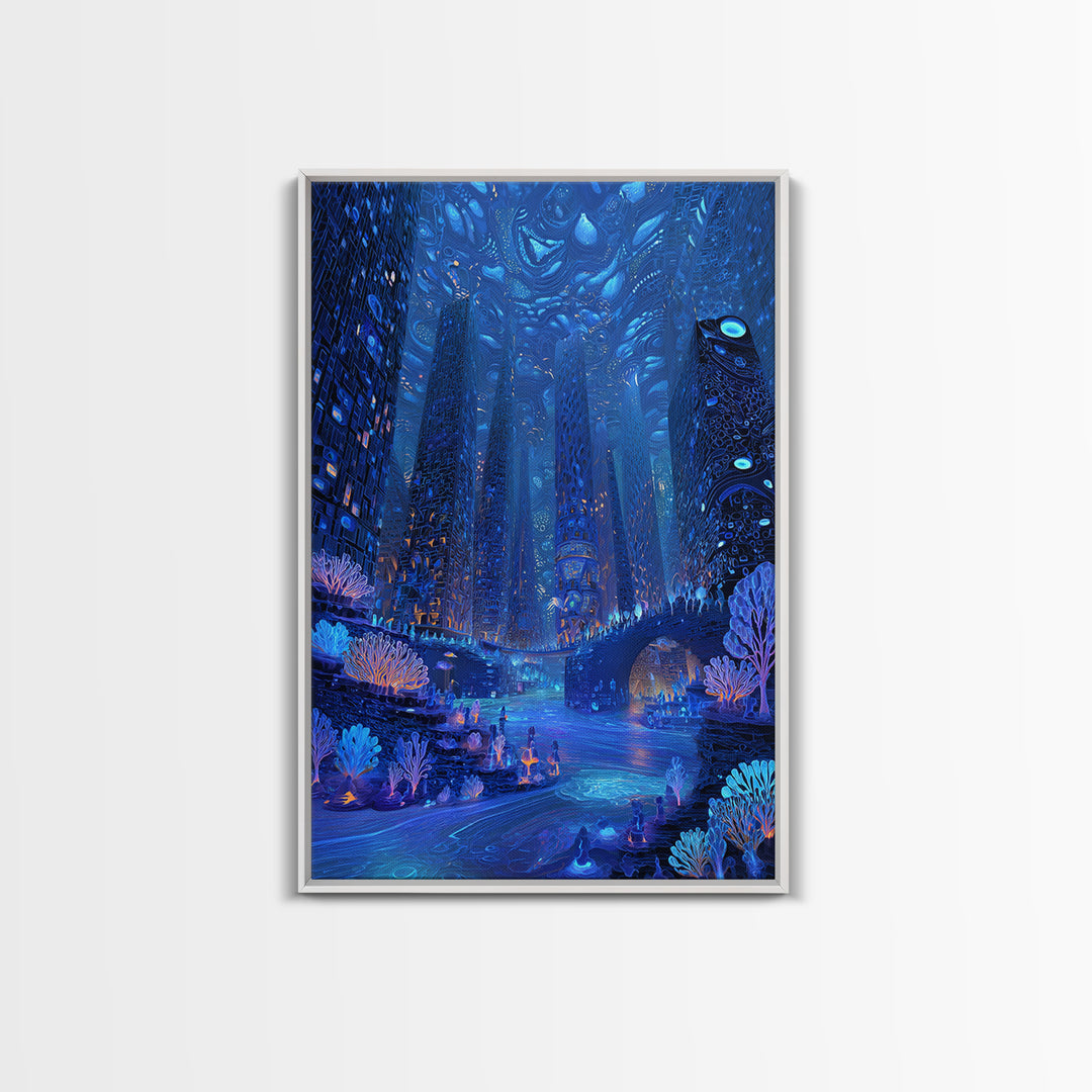 Bioluminescent Futuristic City Wall Art, Blue Sci Fi Metropolis Print, Cyberpunk Fantasy Decor, Large Canvas Poster Gift For Him