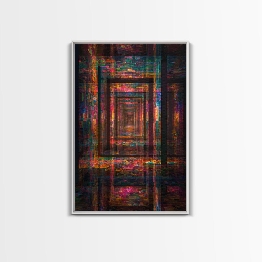 Neon Glitch Infinite Corridor, Cyberpunk Abstract Wall Art, Futuristic Canvas Print, Gaming Room Decor, Modern Office Art