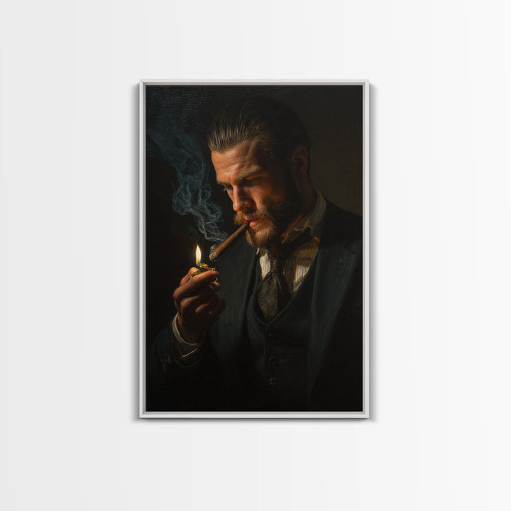 Moody Gentleman Lighting Cigar Framed Canvas Print, Dark Academia Portrait Oil Painting For Masculine Office And Man Cave Decor