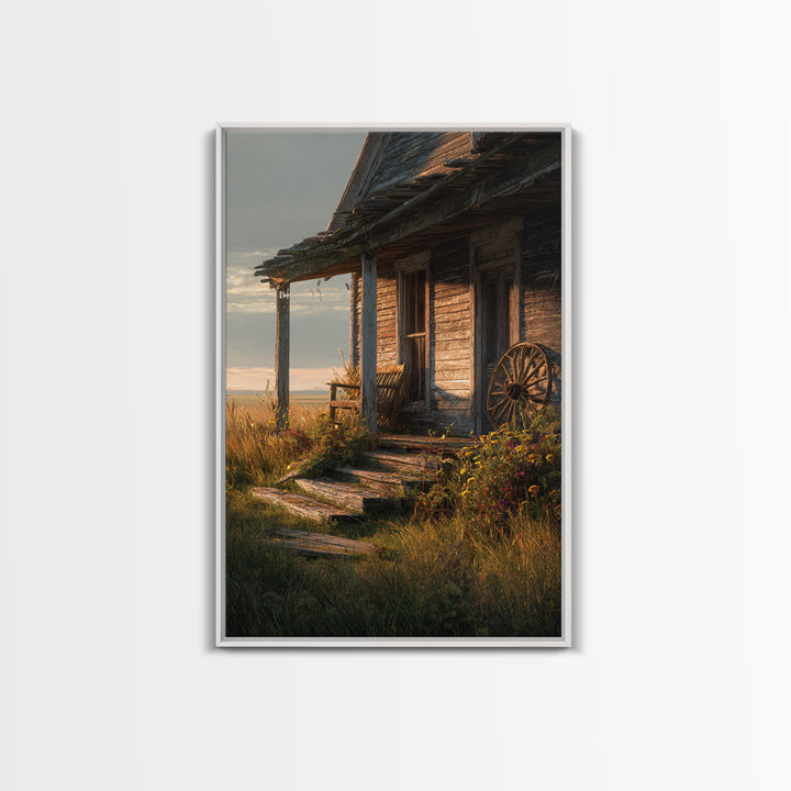 Rustic Old Wooden Cabin Porch With Wagon Wheel Country Landscape Wall Art Canvas Print For Farmhouse Decor