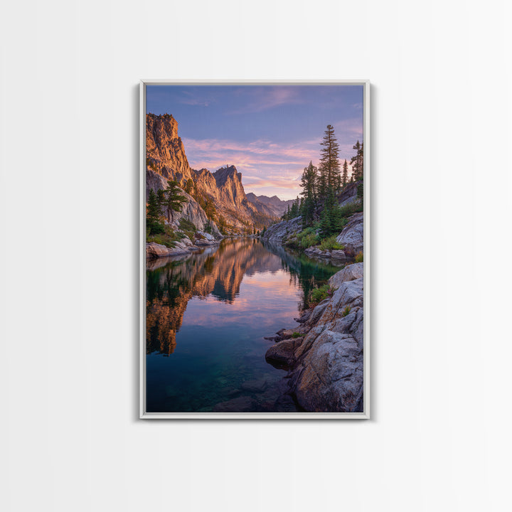 Stunning Mountain Lake Reflection At Sunset With Rocky Peaks And Pine Trees Wall Art Framed Canvas Print For Living Room