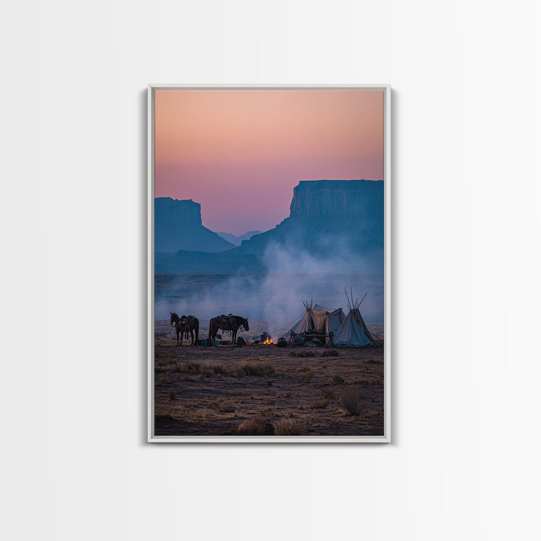 Misty Desert Sunrise With Horses And Teepees Landscape Photography Wall Art Print Large Wall Art