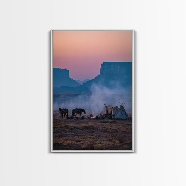 Misty Desert Sunrise With Horses And Teepees Landscape Photography Wall Art Print Large Wall Art
