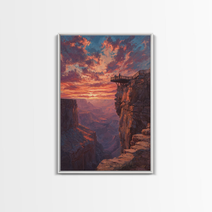 Grand Canyon Sunset With Dramatic Sky And Viewers On Overlook Wall Art Framed Canvas Print For Living Room Home Decor