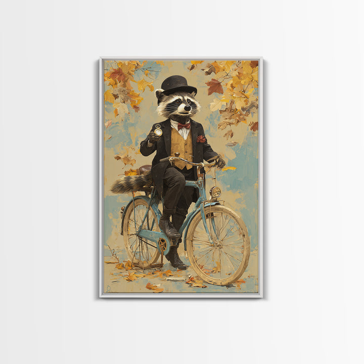 Whimsical Raccoon Riding Bicycle Canvas Print, Dapper Animal Wall Art For Nursery Room Decor And Quirky Animal Lover Gift