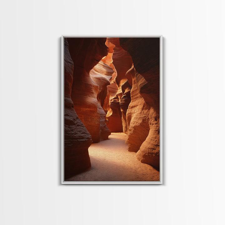 Sunlit Red Rock Canyon Pathway Between Towering Cliffs Framed Canvas Print For Rustic Home And Office Decor