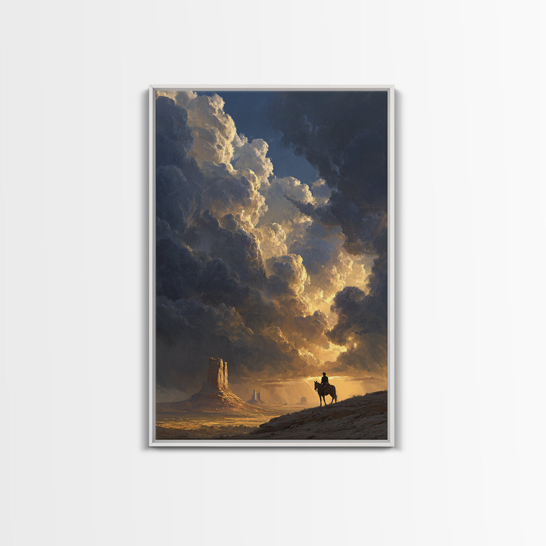 Dramatic Western Landscape With Cowboy On Horse And Monument Valley Scene Wall Art Canvas Print For Rustic Decor