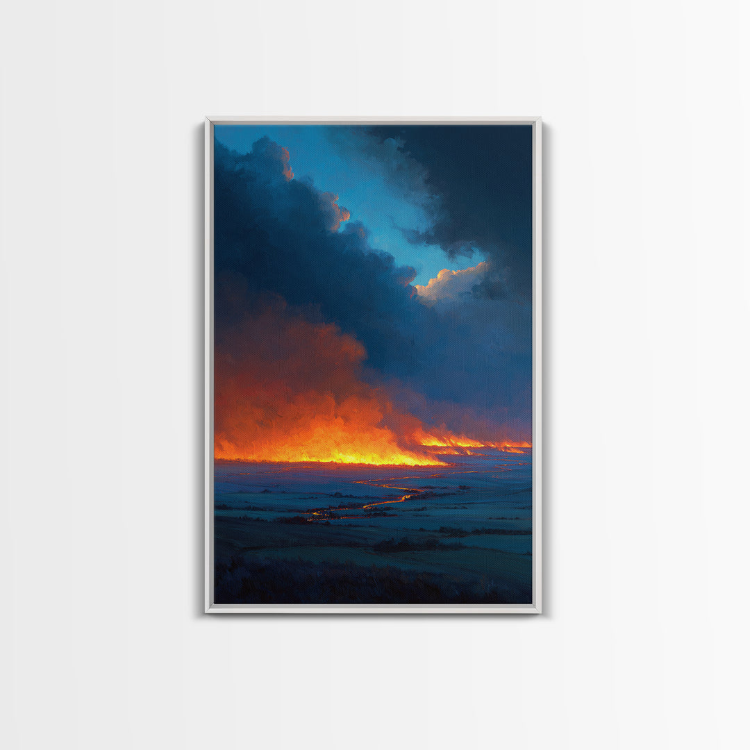 Dramatic Fire And Smoke Landscape Painting Large Wall Art Canvas Print For Rustic Home Decor And Office