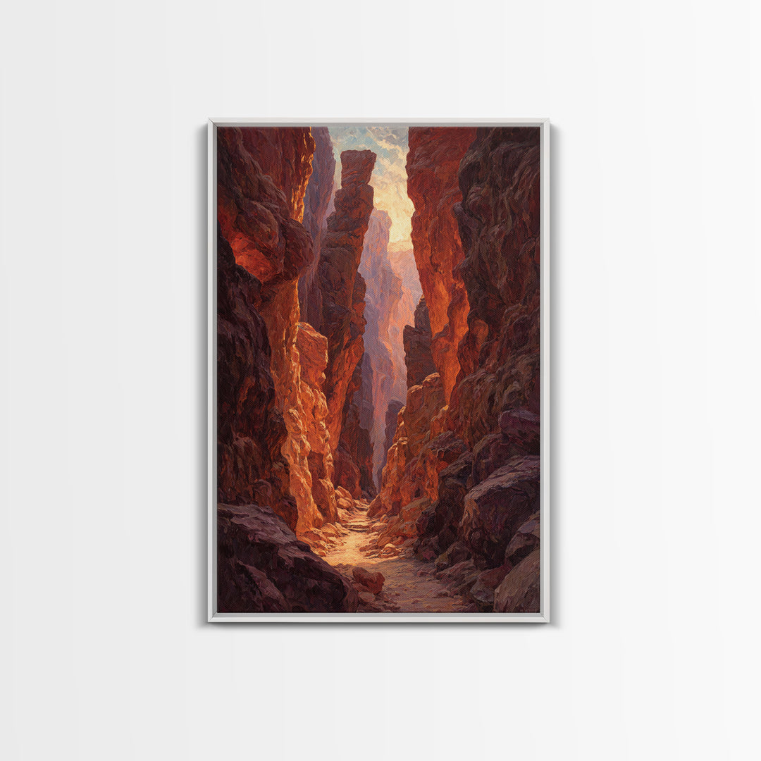 Sunlit Rocky Canyon With Warm Tones Nature Painting Wall Art Canvas Print Large Landscape Home Decor And Original Art