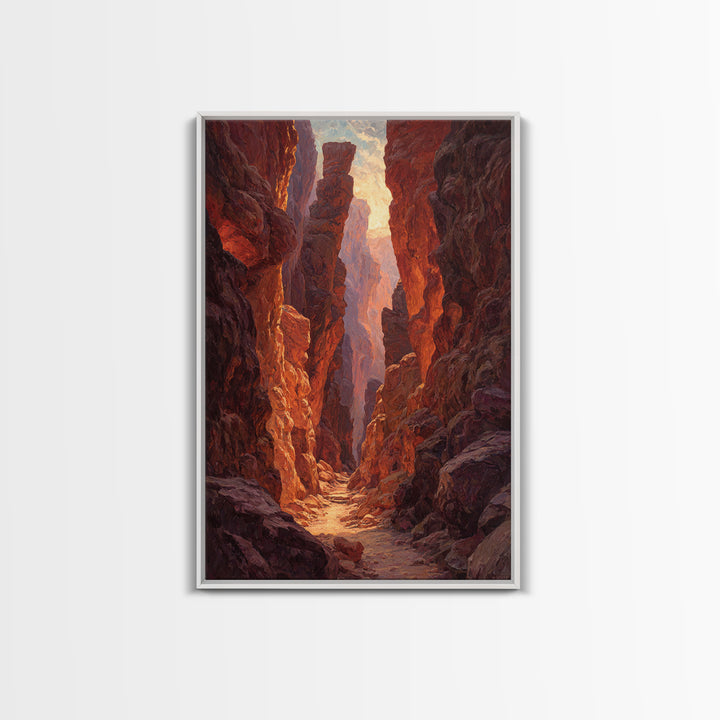 Sunlit Rocky Canyon With Warm Tones Nature Painting Wall Art Canvas Print Large Landscape Home Decor And Original Art