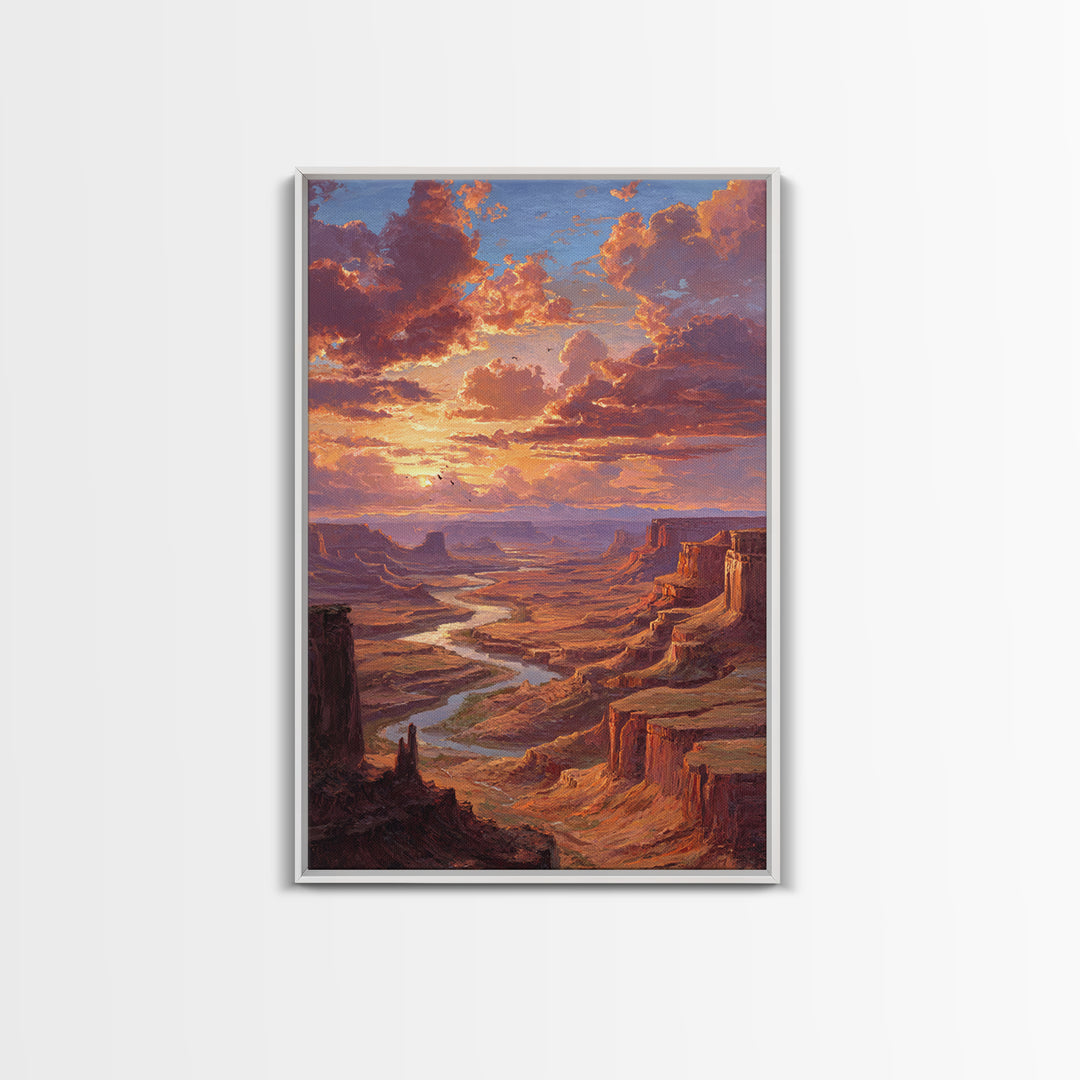 Sunset Over Canyon River Oil Painting Landscape Wall Art Large Framed Canvas Print Rustic Home Decor Gift For Nature Lovers