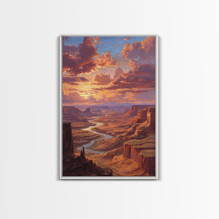 Sunset Over Canyon River Oil Painting Landscape Wall Art Large Framed Canvas Print Rustic Home Decor Gift For Nature Lovers