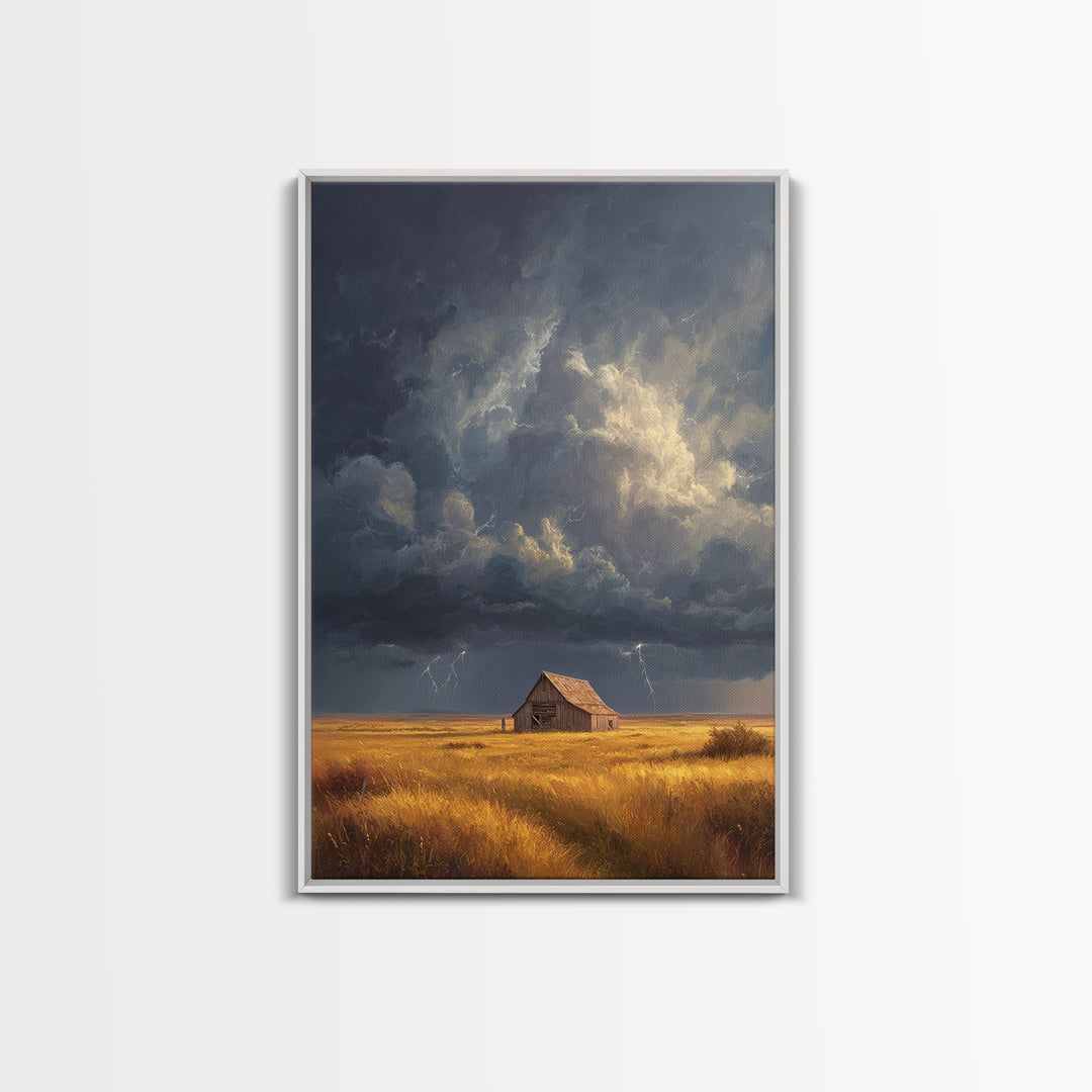 Rustic Barn In Stormy Field Landscape Wall Art With Dramatic Sky Lightning Canvas Print For Living Room Decor