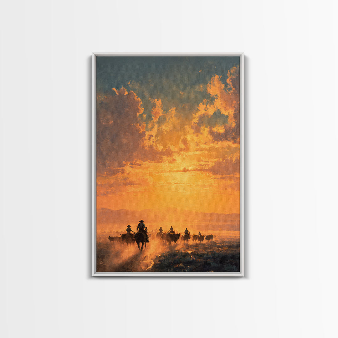 Sunset Cowboy Cattle Drive Ranch Scene Oil Painting Wall Art Framed Canvas Print For Rustic Farmhouse Home Decor