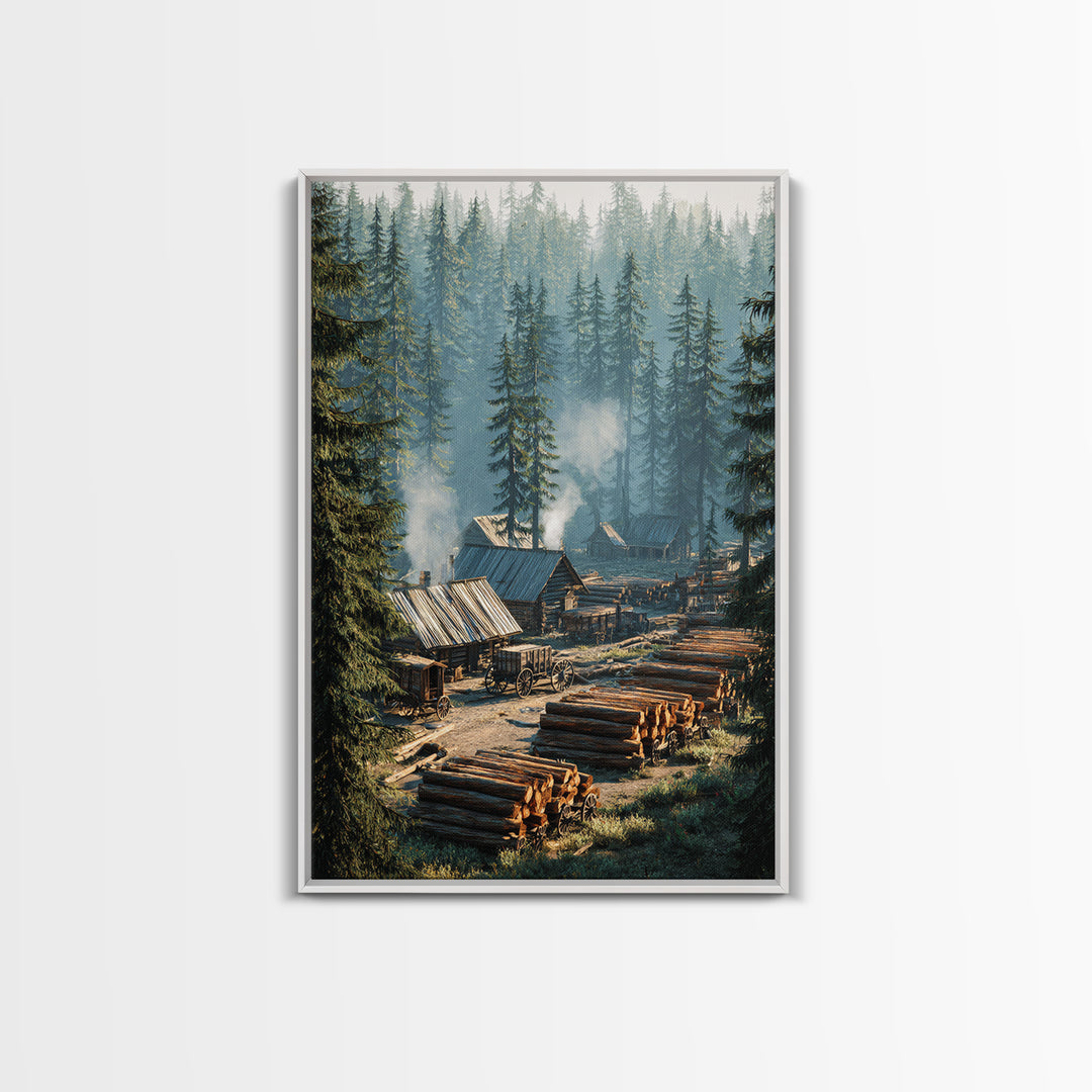 Rustic Log Cabin Village In Misty Forest Painting Wall Art Canvas Print For Cozy Home Decor Living Room Wall Art