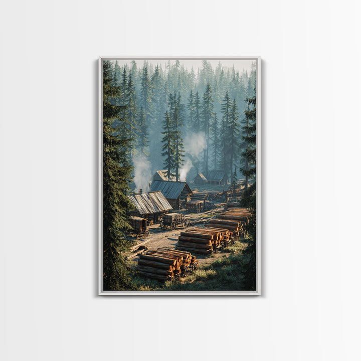 Rustic Log Cabin Village In Misty Forest Painting Wall Art Canvas Print For Cozy Home Decor Living Room Wall Art