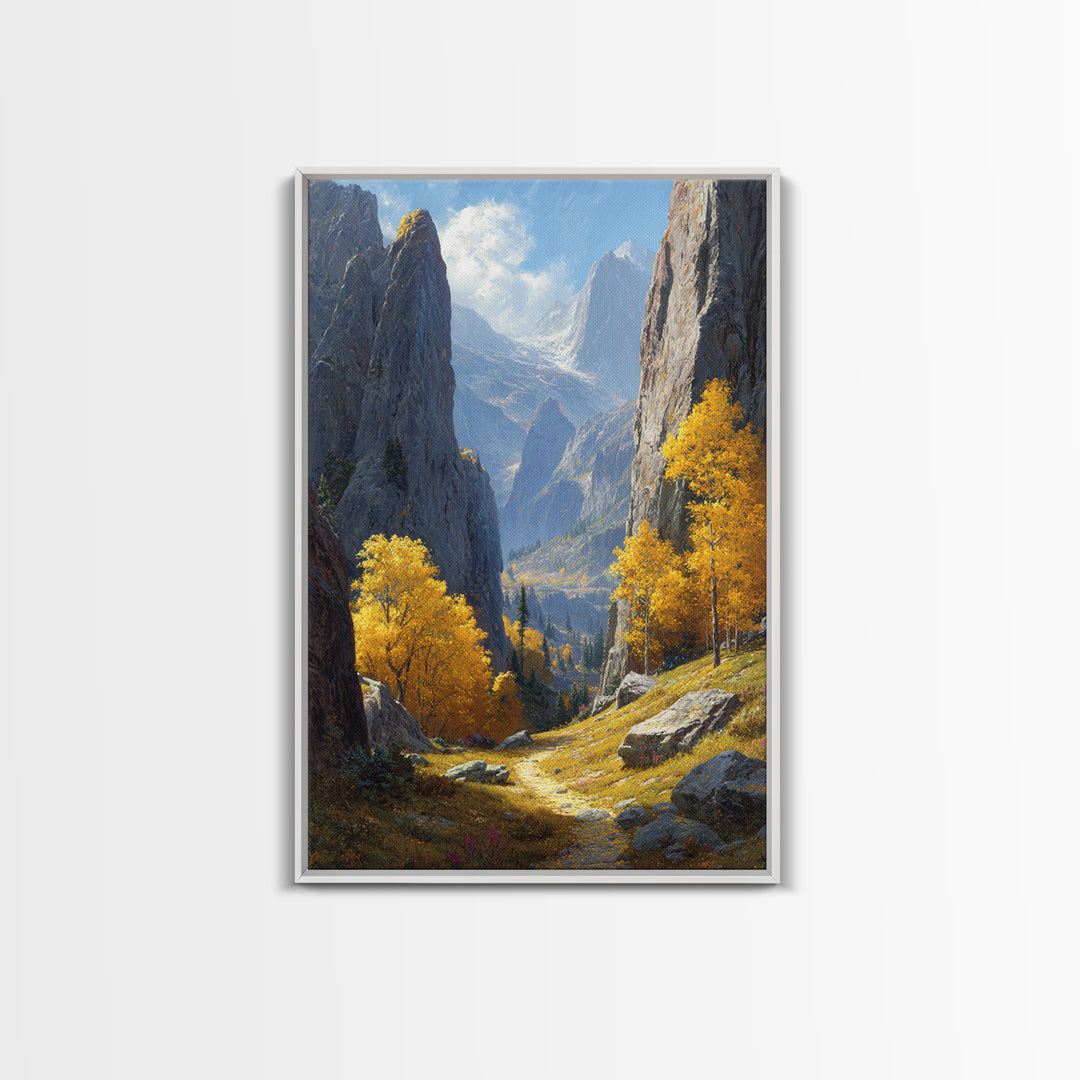 Majestic Mountain Valley Fall Landscape Painting Wall Art Framed Canvas Print For Warm Autumn Home Decor Living Room
