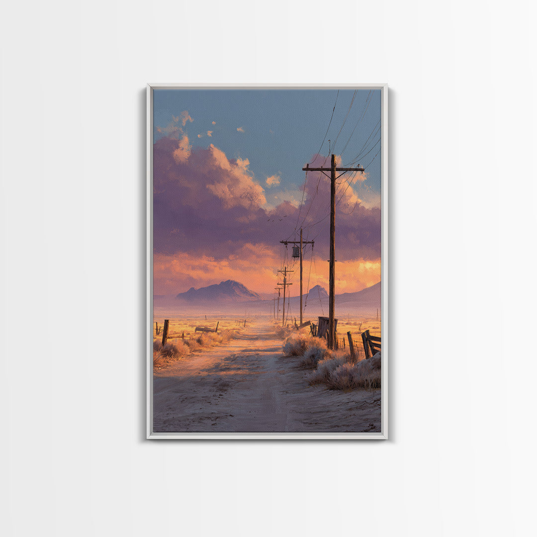 Desert Sunset Road With Power Poles And Mountains Minimalist Landscape Wall Art Framed Canvas Print For Modern Home