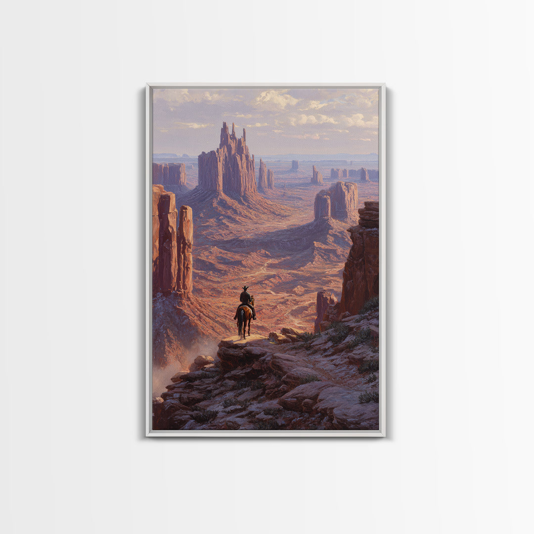 Western Cowboy Silhouette Watching Monument Valley Sunset Wall Art Print For Rustic Home Decor Living Room Framed Canvas Print