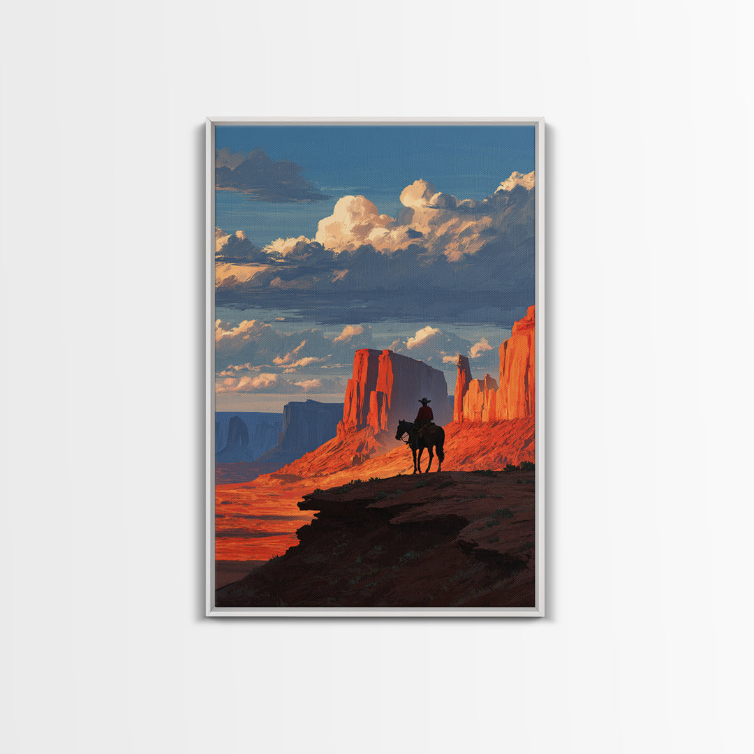 Cowboy On Horse Looking Over Red Rock Canyon Landscape Sunset Western Wall Art Canvas Print