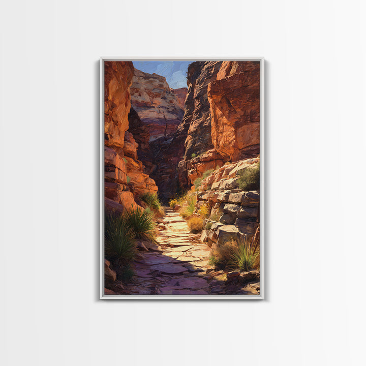 Rustic Canyon Pathway Desert Landscape Wall Art, Warm Earth Tones Framed Canvas Print For Modern Living Room Decor