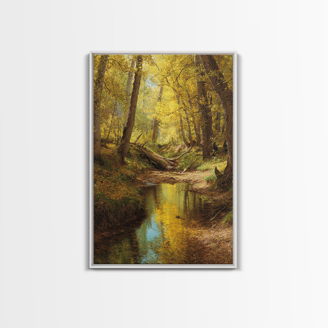 Serene Autumn Forest Landscape Oil Painting Canvas Print Featuring Golden Trees And Reflections For Wall Art