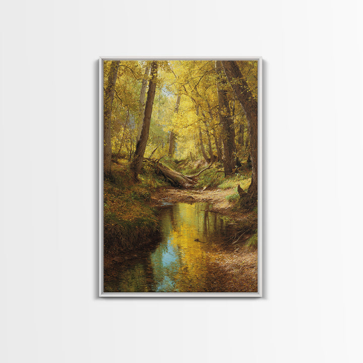Serene Autumn Forest Landscape Oil Painting Canvas Print Featuring Golden Trees And Reflections For Wall Art