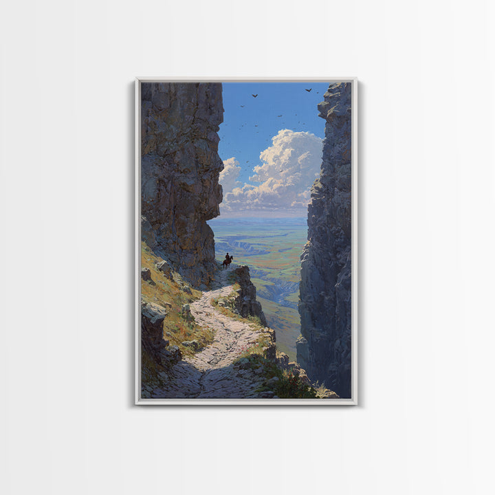 Western Cowboy On Horseback Amidst Majestic Rocky Canyon Landscape Large Wall Art Canvas Print